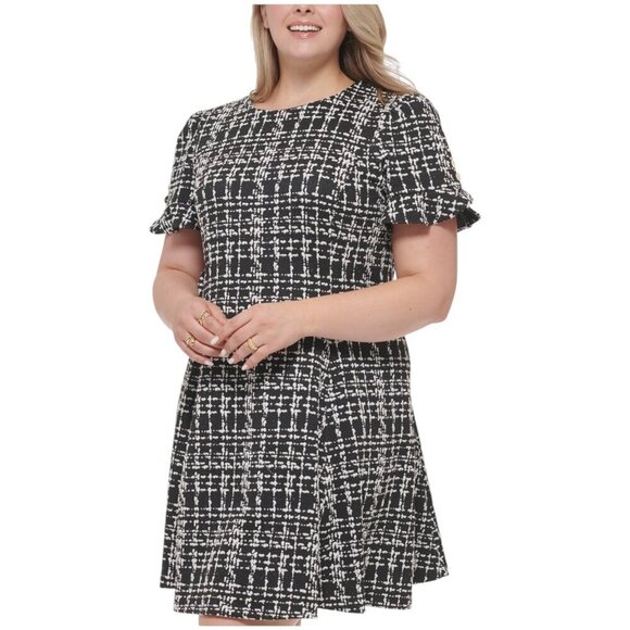 DKNY NWT $139 Flounce-Sleeve Fit & Flare Dress, Black Ivory Women's Size 16 - Picture 3 of 12